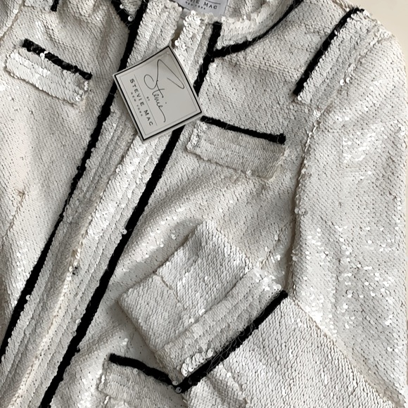 Stevie Mac 🖤🤍NYC Hand Made Couture Like White Sequin Blazer Black Fringe Trim - Picture 13 of 15